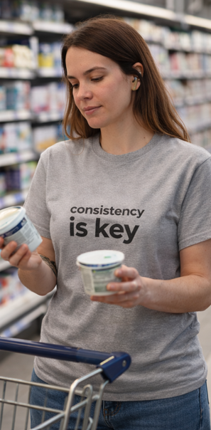 Woman in a supermarket holding yogurt containers wearing 'consistency is key' motivational apparel t-shirt.
