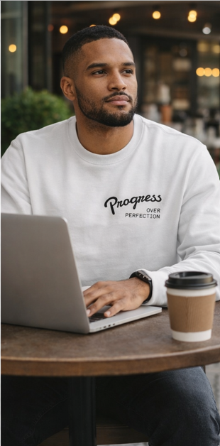 Man in Progress Over Perfection sweatshirt working at desk with coffee motivational workwear