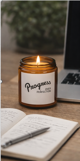 Progress Over Perfection candle on desk workspace motivational home office decor