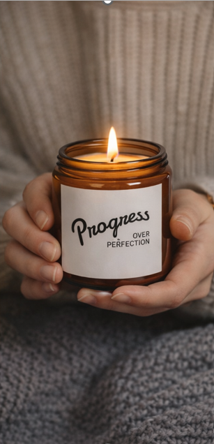 Candle in an amber jar with a label reading 'Progress Over Perfection' held by a person.