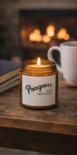  Progress Over Perfection scented candle burning by fireplace cozy ambiance motivational