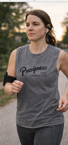 Woman wearing Progress Over Perfection grey muscle tank running outdoors fitness activewear