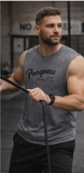  Man in Progress Over Perfection grey muscle tank top with resistance bands motivational workout apparel