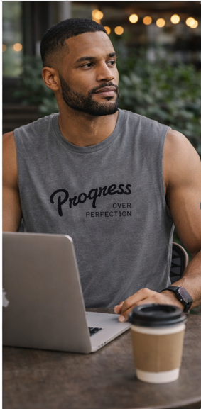 Man wearing a tank top with 'Progress Over Perfection' text, using a laptop outdoors.