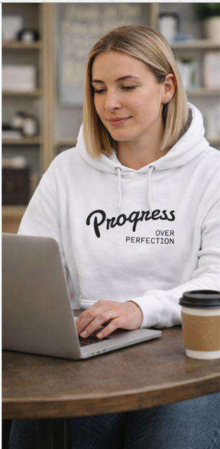 Woman wearing Progress Over Perfection white hoodie working on laptop motivational workwear