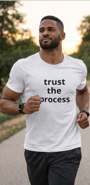 Man wearing Trust the Process white t-shirt running outdoors. Casual motivational apparel.