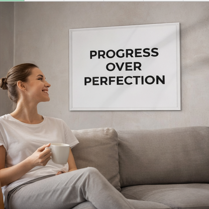 Woman sitting on a couch holding a mug, with a framed quote 'PROGRESS OVER PERFECTION' on the wall.