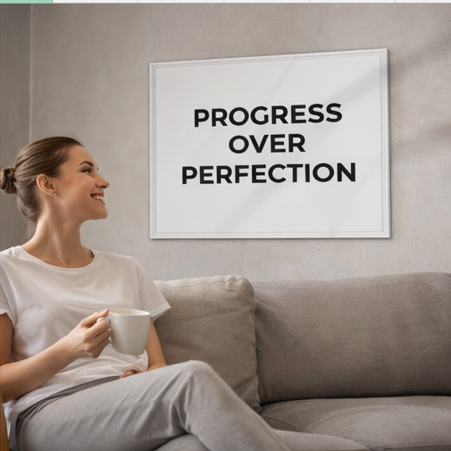 Woman sitting on a couch holding a mug, with a framed quote 'PROGRESS OVER PERFECTION' on the wall.