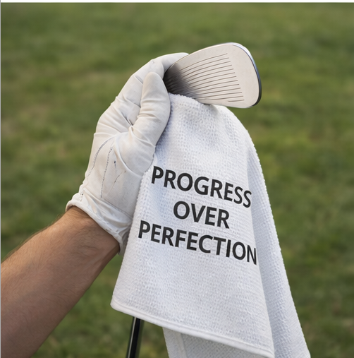 Golf club with towel labeled 'Progress Over Perfection' held by a gloved hand on a grassy background
