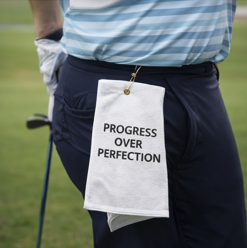 Person on a golf course with a towel hanging from their waist featuring the text 'PROGRESS OVER PERFECTION'.