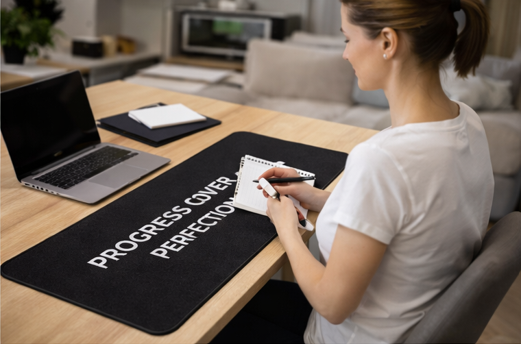 Person using Progress Over Perfection desk mat with keyboard motivational workspace accessory