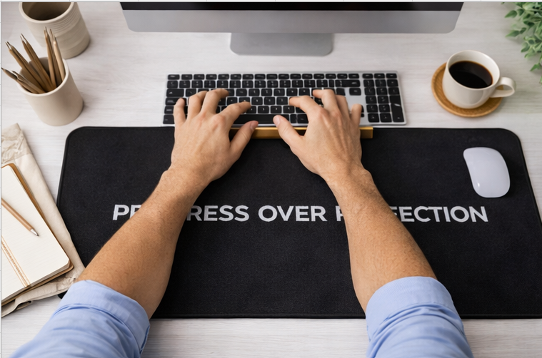 Hands on Progress Over Perfection desk mat working motivational large mouse pad