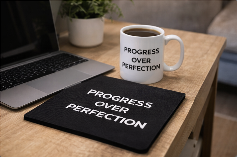 Laptop with a mug and mouse pad on a desk, featuring 'Progress Over Perfection' text.