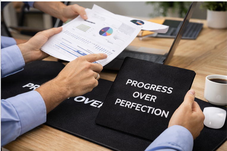 Two people working at a desk with a Progress Over Perfection black desk mat flat view large motivational office decor.