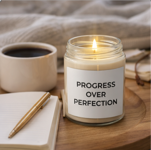 Progress Over Perfection candle burning on desk with notebook motivational workspace decor
