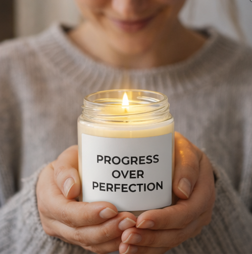 Hands holding Progress Over Perfection lit candle cozy ambiance motivational self-care