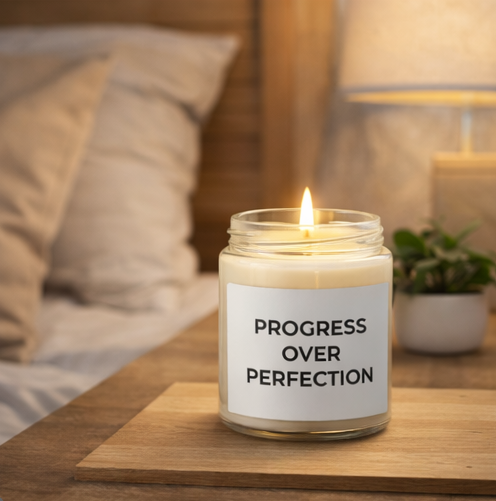 Progress Over Perfection scented candle burning warm glow motivational relaxation