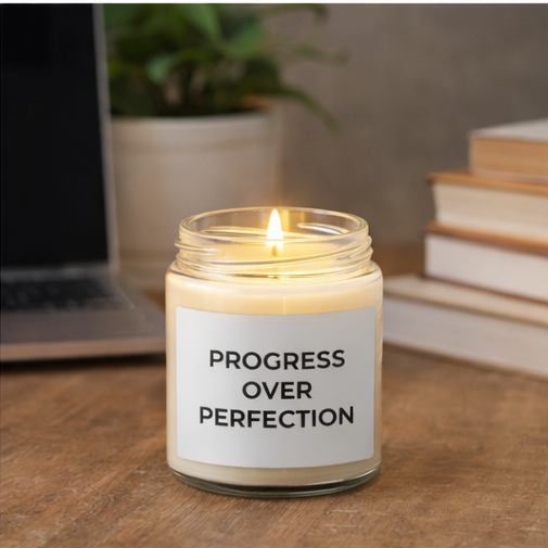 Progress Over Perfection scented candle burning warm glow motivational relaxation