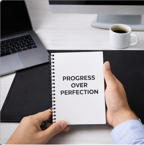 Progress Over Perfection notebook on desk with laptop motivational workspace journal