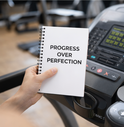 Progress Over Perfection notebook on desk with keyboard motivational planning journal