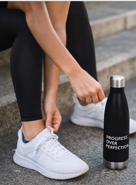 Person tying shoelaces with a black water bottle labeled 'Progress Over Perfection' on a concrete surface motivational fitness accessory