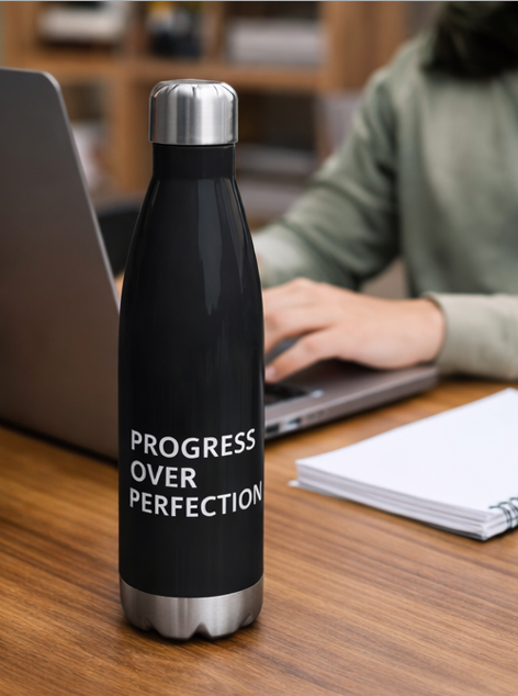 Progress Over Perfection water bottle on desk with laptop motivational office hydration