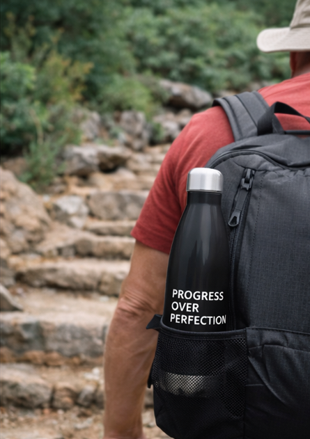  Progress Over Perfection water bottle on hiking trail outdoor motivational drinkware