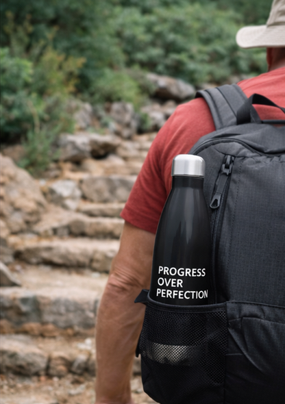 Progress Over Perfection water bottle on hiking trail outdoor motivational drinkware