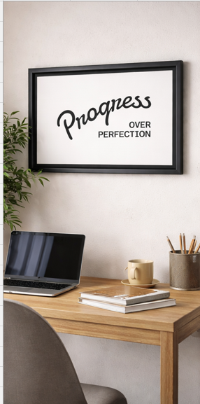 Progress Over Perfection motivational wall art in home office workspace with desk