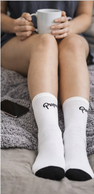 Progress crew socks white cotton blend with script logo lifestyle shot
