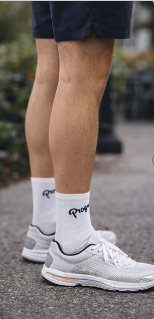 Progress white athletic socks mid-calf length with black accents product detail