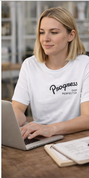 Woman wearing Progress Over Perfection motivational tee working on laptop coffee shop