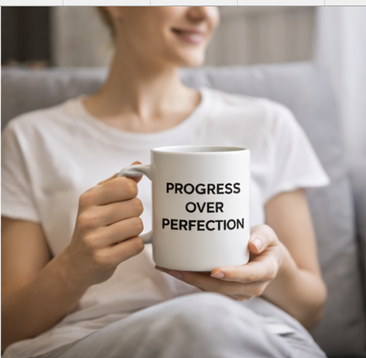 Progress over perfection mug held by woman in comfortable home setting, motivational ceramic cup for mindful morning routine
