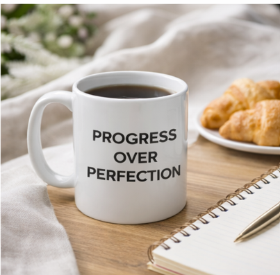 Progress over perfection coffee mug on breakfast table with croissant and notebook, morning motivation ceramic cup for daily inspiration
