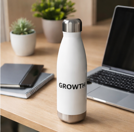 Growth motivational water bottle on modern desk with laptop and plant, white insulated bottle for home office and work
