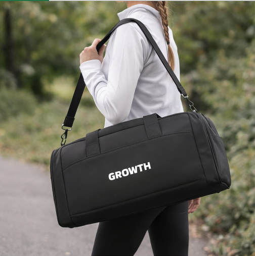 Growth motivational gym bag side view, spacious duffel bag with multiple compartments for training gear
