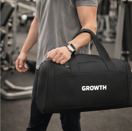 Growth motivational gym bag detail view, high-quality duffel bag with growth mindset design
