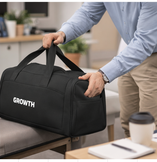 Growth motivational gym bag features close-up, durable workout duffel with storage compartments
