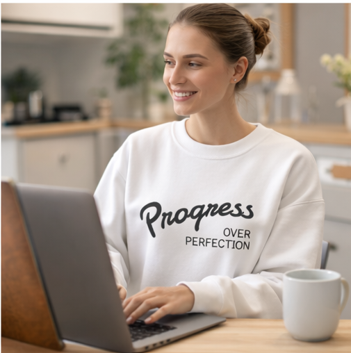 Woman wearing progress over perfection white crewneck at desk with laptop, motivational sweatshirt for entrepreneurs and remote workers
