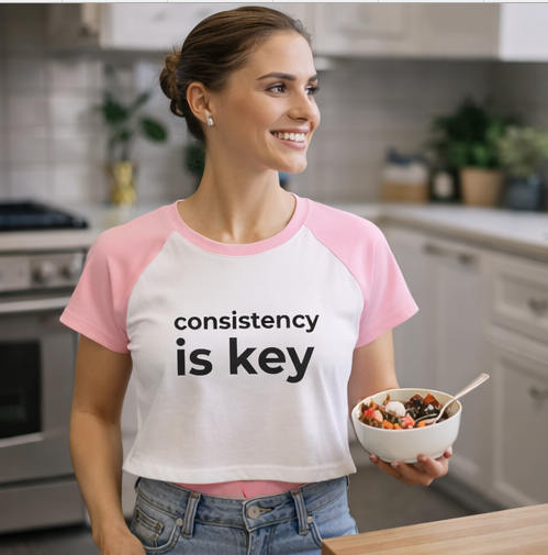 Woman in consistency is key pink crop top in kitchen, holding a bowl of cereal. Casual motivational fitness apparel for daily wear

