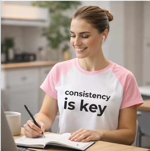 Woman wearing consistency is key pink t-shirt at desk with coffee and journal, motivational apparel for entrepreneurs and goal-setters
