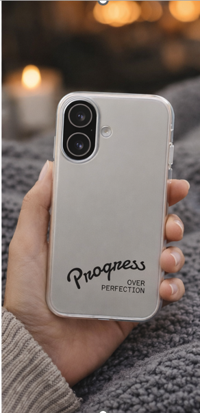 Hand holding progress over perfection white phone case in cozy setting with candles, motivational iPhone case for daily inspiration
