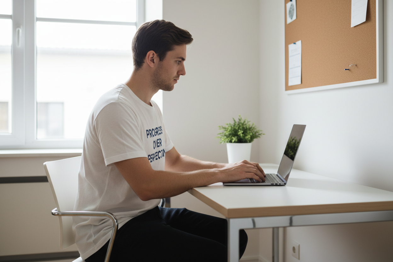 Man wearing Progress Over Perfection tshirt, sitting at a desk using a laptop in a bright room with a window and plant.