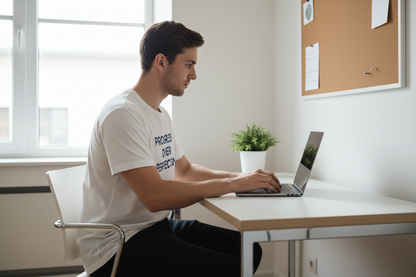Man wearing Progress Over Perfection tshirt, sitting at a desk using a laptop in a bright room with a window and plant.