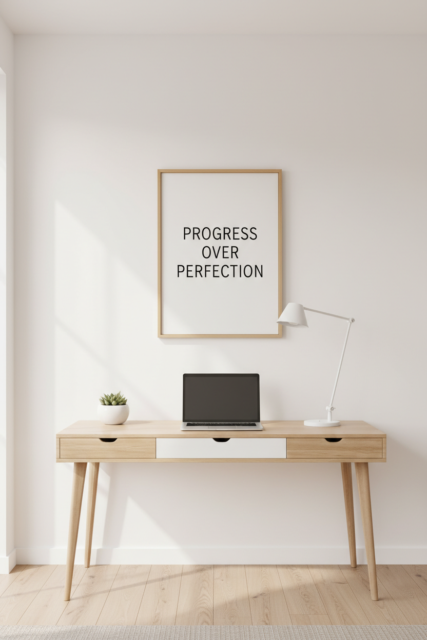 rogress Over Perfection canvas art in minimalist white bedroom office decor