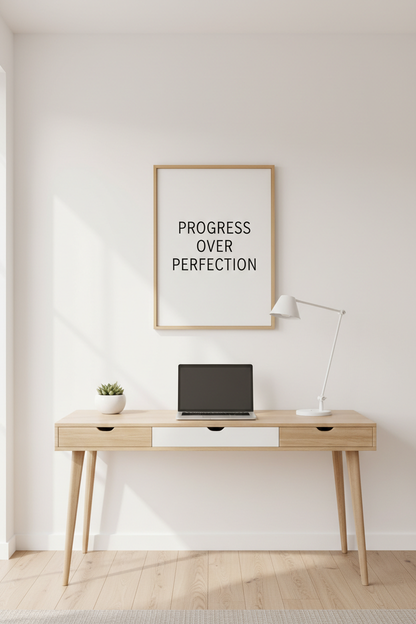 rogress Over Perfection canvas art in minimalist white bedroom office decor