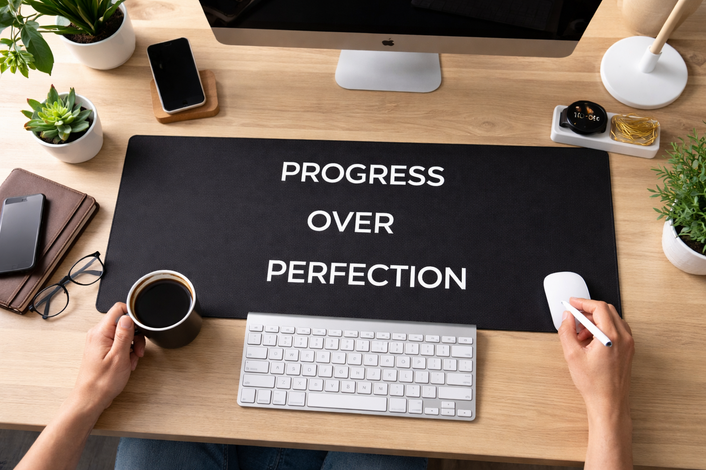 Progress Over Perfection desk mat on workspace with keyboard coffee and phone motivational office decor
