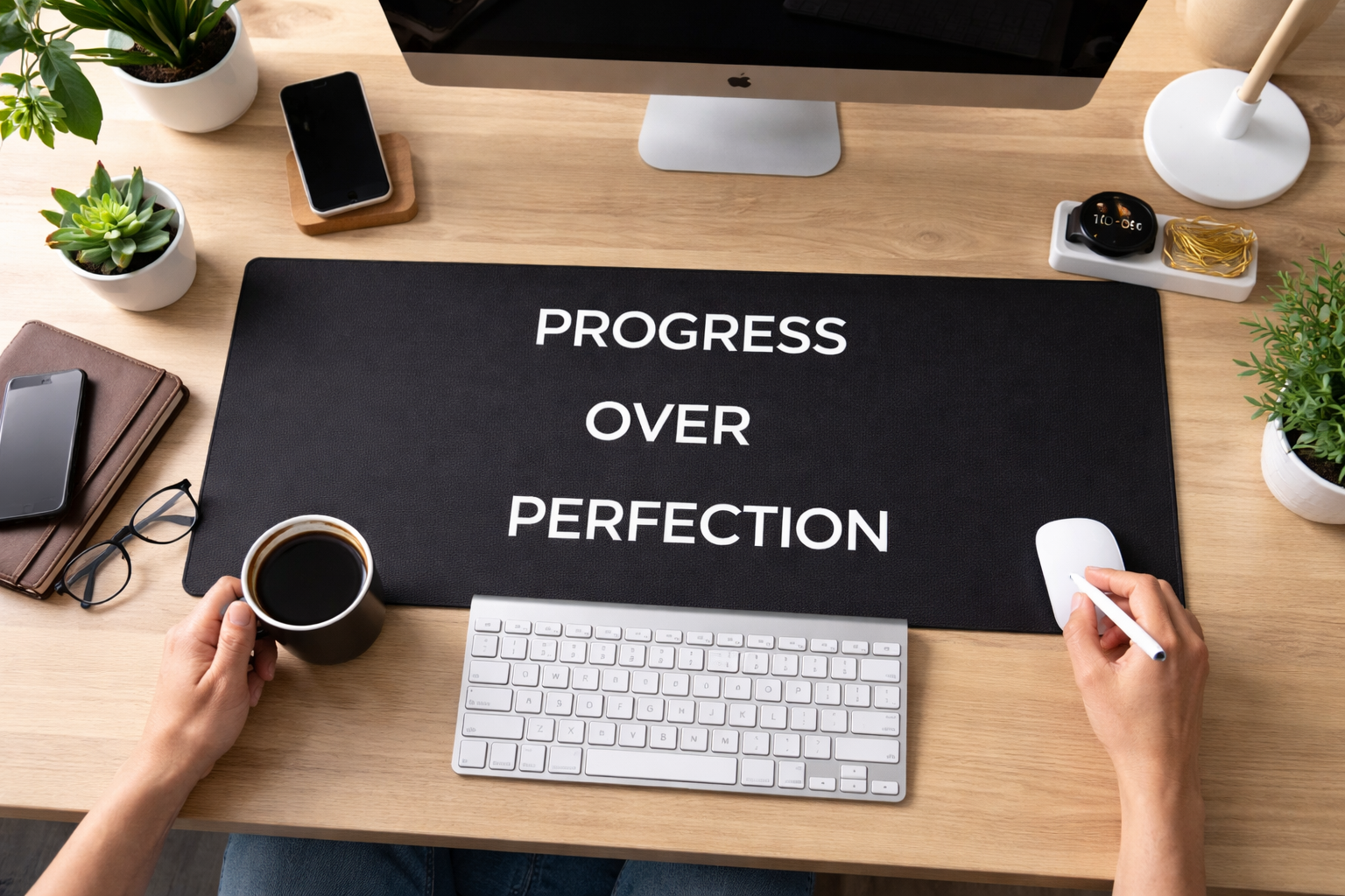 Progress Over Perfection desk mat on workspace with keyboard coffee and phone motivational office decor