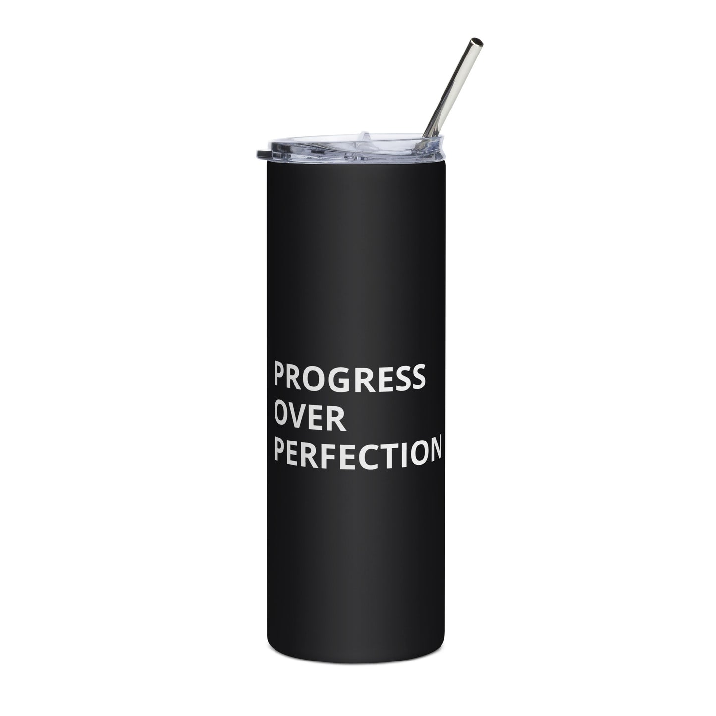 Progress Over Perfection black tumbler with straw white background 20 oz insulated cup
