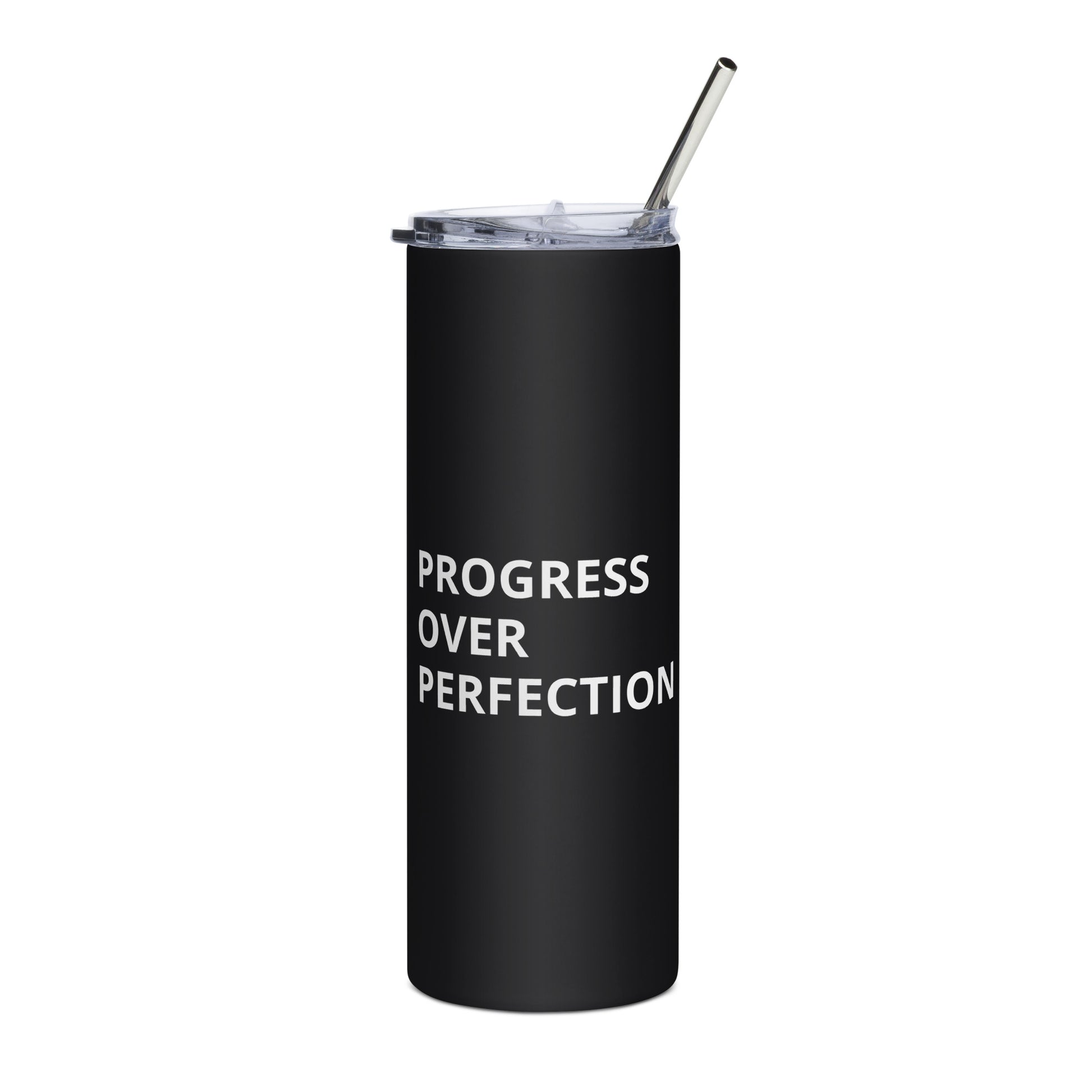 Progress Over Perfection black tumbler with straw white background 20 oz insulated cup